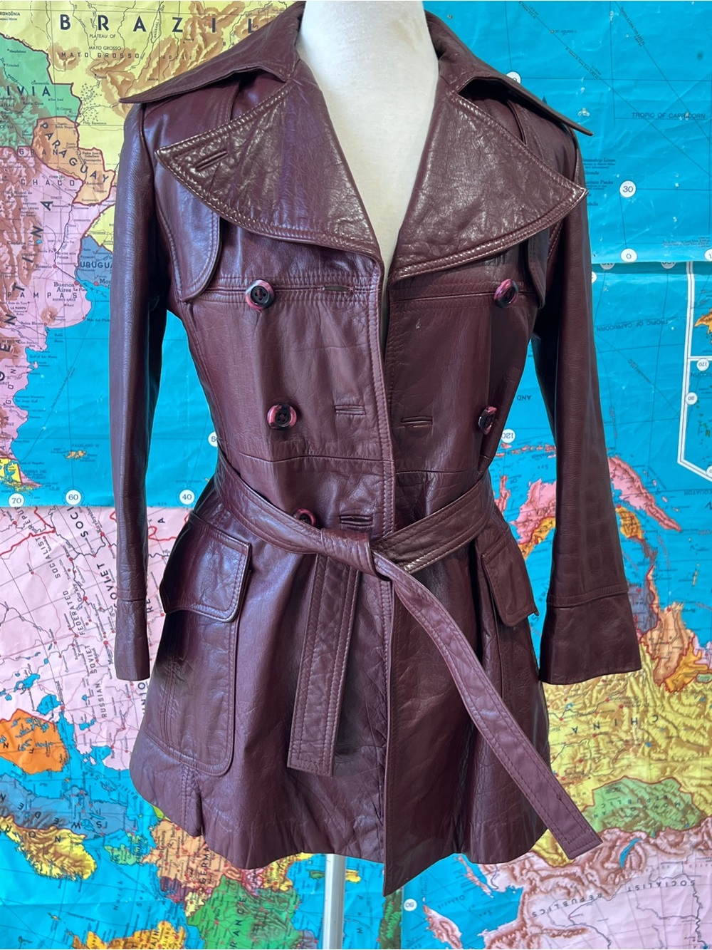 Etienne Aigner Burgundy Leather Trench Coat with Belt